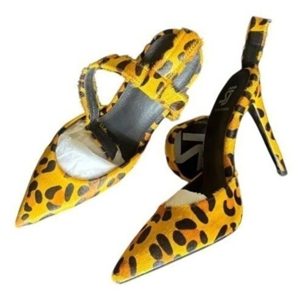 Shane Justin Leopard Print Calf Hair Pointed Toe Stiletto Pumps Ankle Strap 6.5